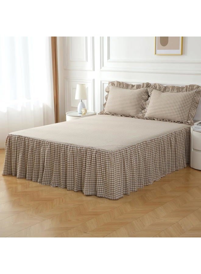 Silnuo Taupe/White Plaid Bed Skirt Washed Cotton Shabby Gingham Checkered Dust Ruffle King Size 18" Bedding(1 Bed Skirt Only) - Image 1