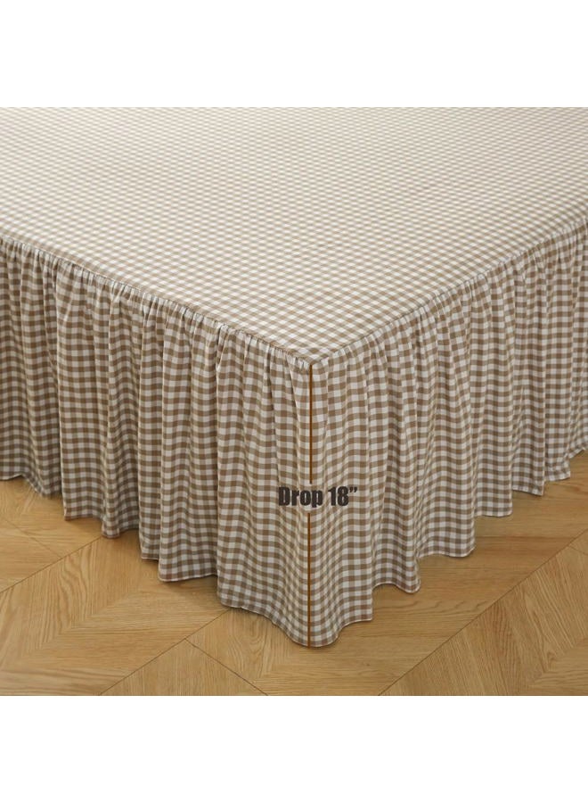 Silnuo Taupe/White Plaid Bed Skirt Washed Cotton Shabby Gingham Checkered Dust Ruffle King Size 18" Bedding(1 Bed Skirt Only) - Image 4