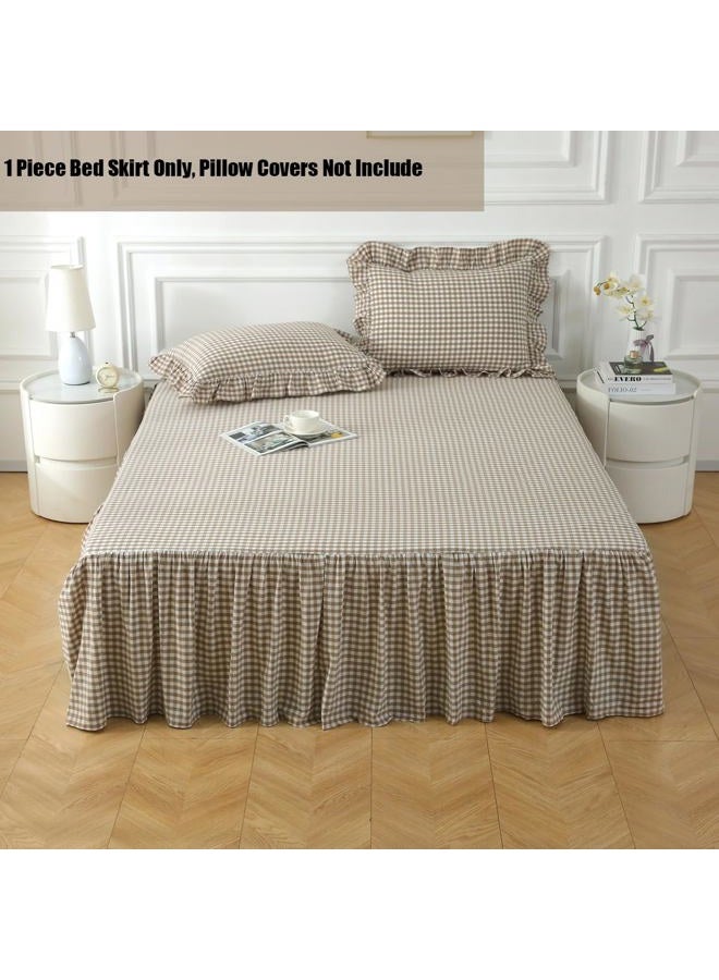 Silnuo Taupe/White Plaid Bed Skirt Washed Cotton Shabby Gingham Checkered Dust Ruffle King Size 18" Bedding(1 Bed Skirt Only) - Image 2
