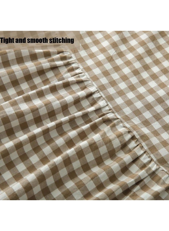 Silnuo Taupe/White Plaid Bed Skirt Washed Cotton Shabby Gingham Checkered Dust Ruffle King Size 18" Bedding(1 Bed Skirt Only) - Image 3