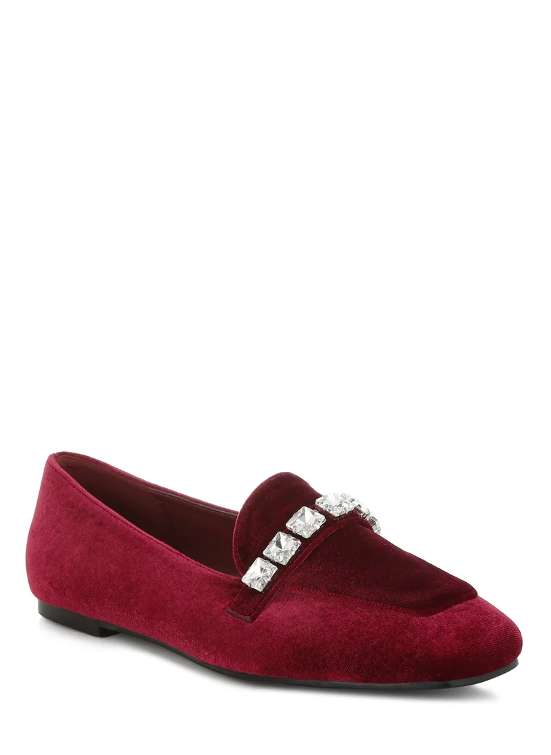 London Rag Velvet Diamante Strap Loafers in Dark Red