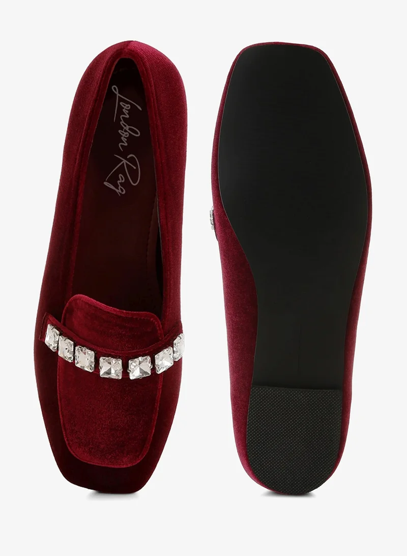 London Rag Dark Red Velvet Diamante Strap Loafers in Dark Red for Women | Best Price UAE
