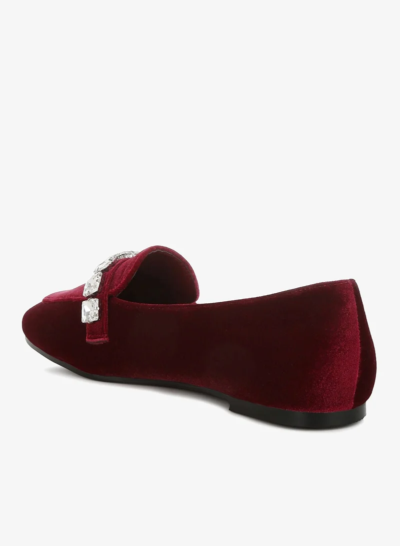 London Rag Dark Red Velvet Diamante Strap Loafers in Dark Red for Women | Best Price UAE
