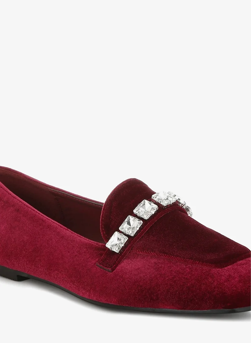 London Rag Dark Red Velvet Diamante Strap Loafers in Dark Red for Women | Best Price UAE