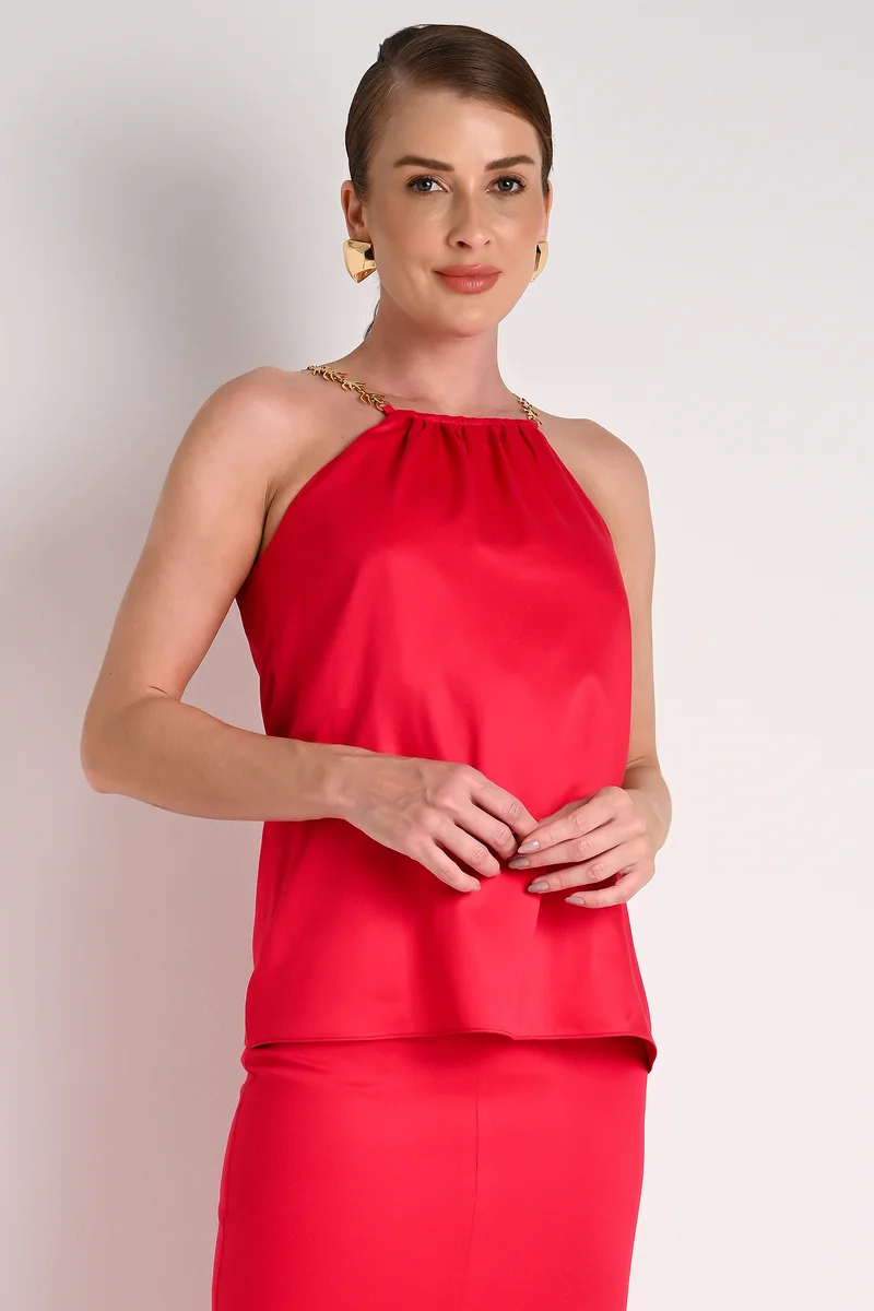 Carmen Steffens Halter Neck Tank Top with Red Metal Strap