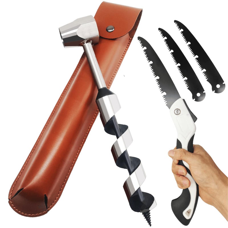 MinliGUY Hand Auger Wood Drill, Upgrade Welds Bushcraft Auger w/ Sharp Scottish Eye, Survival Tools for Bushcraft Projects/ Camping/Outdoors, 1*10inch Settlers Wrench & Folding Saw Kit, Bushcraft Gear - Image 1
