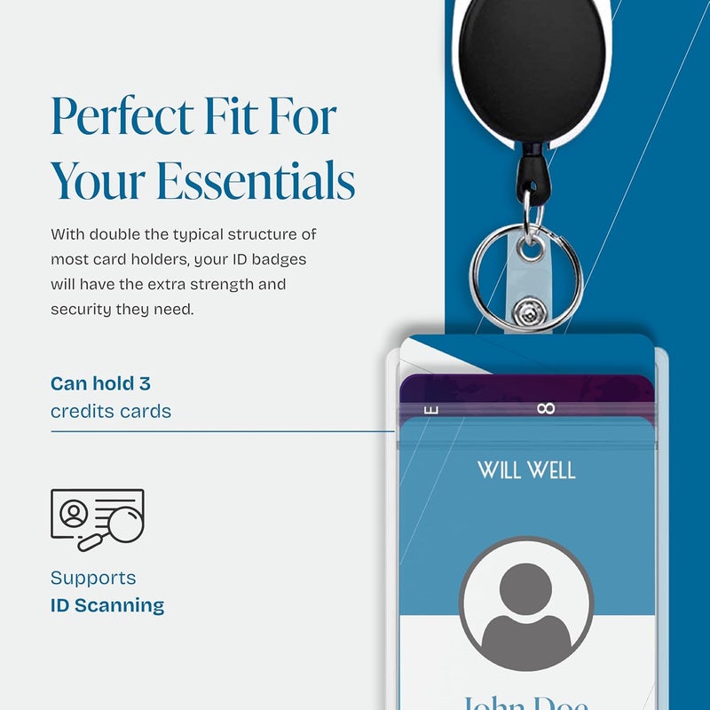 ويل ويل حاملات شارات الهوية من Will Well مع مشبك وحلقة مفاتيح - أكمام بلاستيكية شفافة عمودية مقاس 2.52 × 3.58 بوصة تتسع حتى 3 بطاقات - حبال سحب قابلة للسحب من ألياف UHMWPE بطول 24 بوصة لسهولة الوصول - عبوة من قطعتين، بكرات سوداء - Image 3