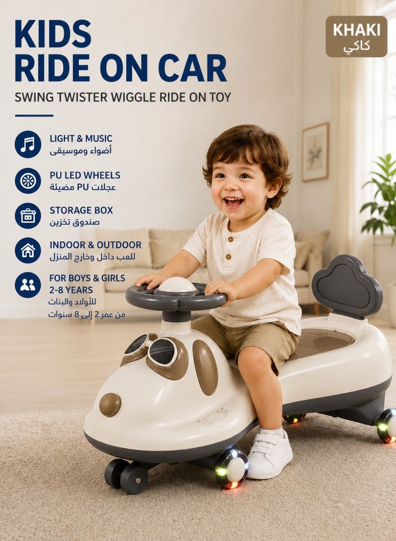 Favarey Kids Ride On Car Khaki, Swing Twister Wiggle Ride On Toy With Light Music, PU LED Wheels And Storage Box, Indoor Outdoor Kids Toy For Boys Girls 2 To 8 Years - Image 3