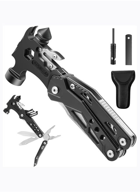 16 in 1 Multitool Hammer, 21 Tools Camping Accessories, Portable Survival Gear with Durable Sheath, 5-in-1 Function with Fire Starter, Gifts for Men