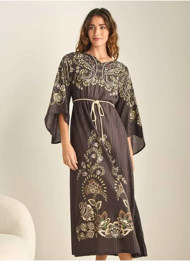 FAV Paisley Print V-neck Night Gown with Tie-Up Belt