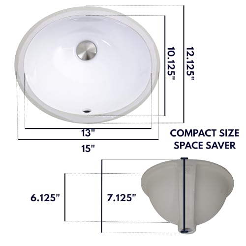 Nantucket Sinks UM-13x10-W 13x10" Oval Ceramic Undermount Vanity Sink – Small Bathroom Sink, Mini Tiny Bowl, Overflow, High Gloss White Vitreous China – Scratch & Stain Resistant, Great Point - Image 2