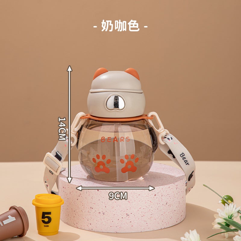 Summer New Baby Suction Tube Cup with Strap Portable Kindergarten School Special Bear Cute Childrens Water Cup milk brown- 
