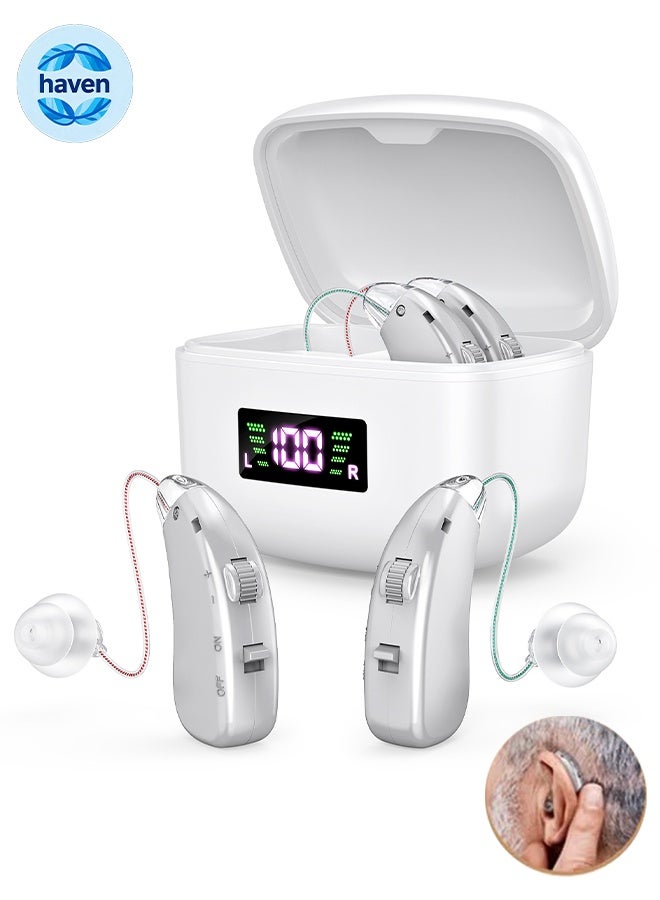HAVEN Rechargeable Hearing Aids for Seniors & Adults, Noise Cancelling, Contact Charging Box with LED Power Display, In-Ear Amplifier, Latest Digital Chip - Silver - Image 1