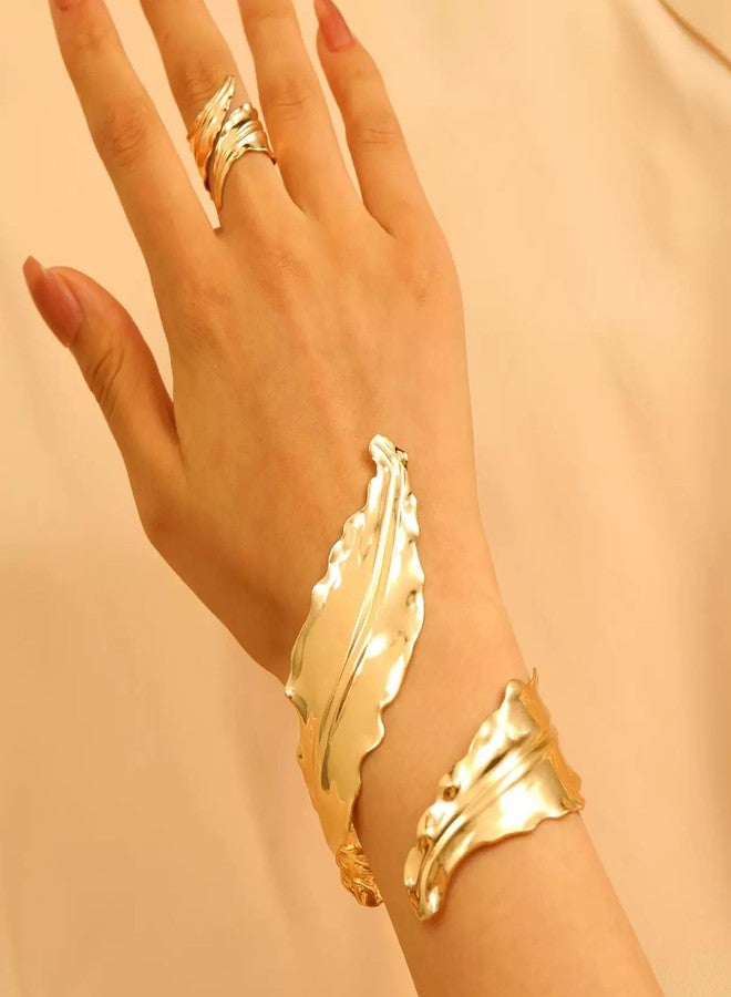 Decixde Gold Jewelry Sets for Women Bangle Ring Set Chunky Bangle Bracelet And Ring Statement Jewelry Set for Women, adjustable, Metal, No Gemstone - Image 2
