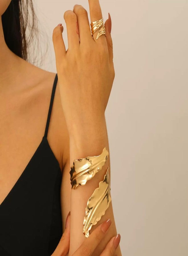 Decixde Gold Jewelry Sets for Women Bangle Ring Set Chunky Bangle Bracelet And Ring Statement Jewelry Set for Women, adjustable, Metal, No Gemstone - Image 3