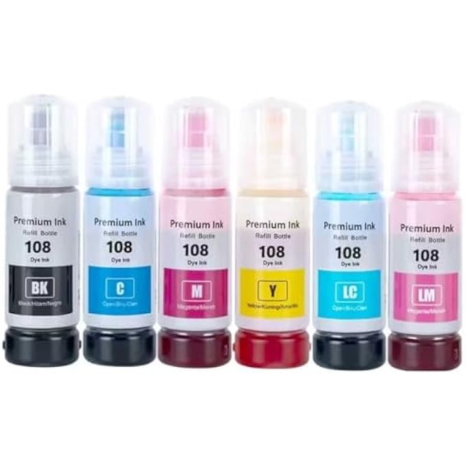 108 INK REFILL BOTTLES HIGH PAGE YIELD FOR EPSON 108 INK COMBO SET(BLACK CYAN MAGENTA YELLOW LIGHT CYAN AND LIGHT MAGENTA) FOR ECOTANK L8050, L18050, L1800 PRINTER(6-PACK) - Image 1