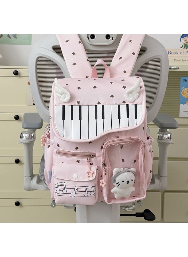 Aesthetic Korean Style Piano & Star Campus Backpack for Teen Girls, Junior/Senior High School Student Daypack - Image 1
