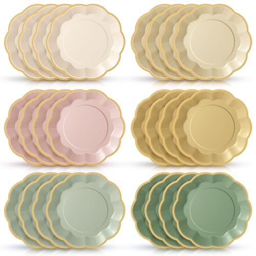 Tiangrid 72 Pcs Pink and Green Paper Plates 9 Inch Sage Pink Beige Yellow Gradient Scalloped Paper Disposable Dinner Dessert Plates for Jungle Safari Birthday Wedding Bridal Party Supplies 6 Colors - Image 1