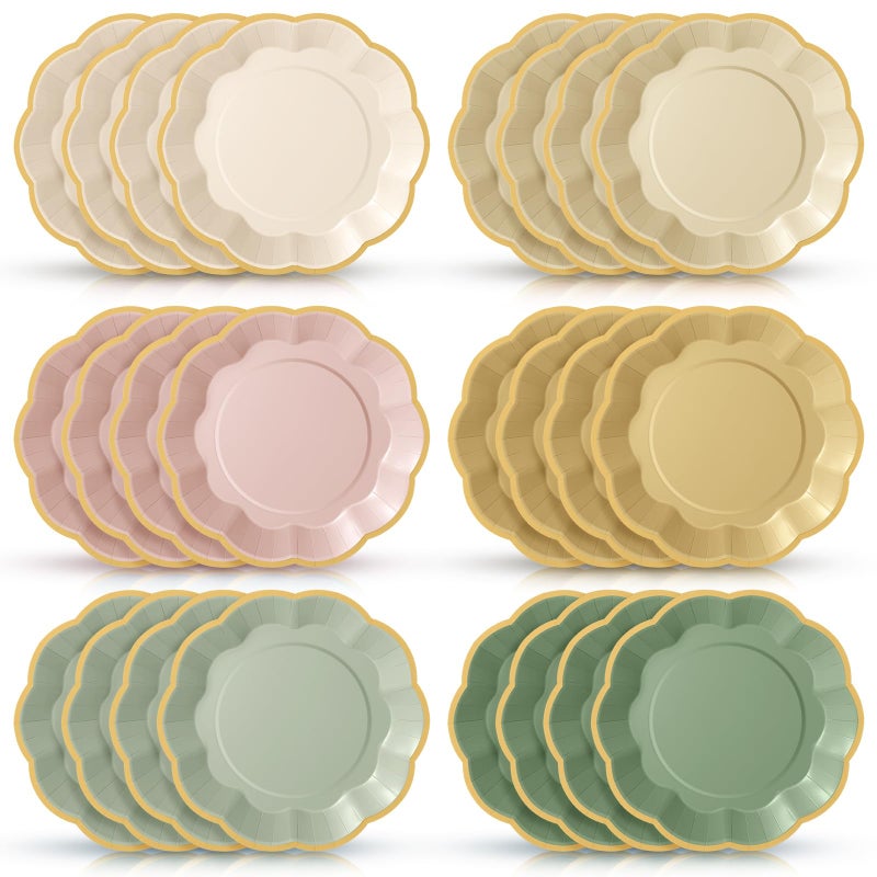 Tiangrid 72 Pcs Pink and Green Paper Plates 9 Inch Sage Pink Beige Yellow Gradient Scalloped Paper Disposable Dinner Dessert Plates for Jungle Safari Birthday Wedding Bridal Party Supplies 6 Colors - Image 2