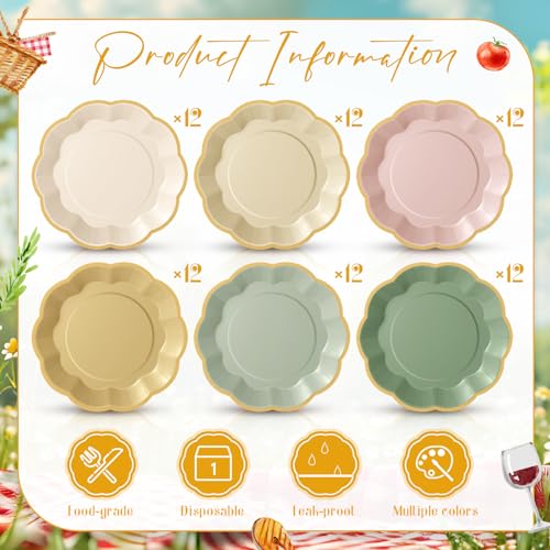 Tiangrid 72 Pcs Pink and Green Paper Plates 9 Inch Sage Pink Beige Yellow Gradient Scalloped Paper Disposable Dinner Dessert Plates for Jungle Safari Birthday Wedding Bridal Party Supplies 6 Colors - Image 3