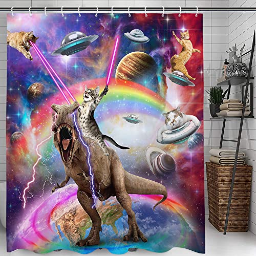 Uokiuki Funny Cat Shower Curtain Boys Kids Bathroom Decor, Cool Riding Dinosaur On Fantasy Galaxy Hilarious Curtain, Funky Outer Space Universe Anime Fabric with 12PCS Hooks, 70X70IN - Image 3