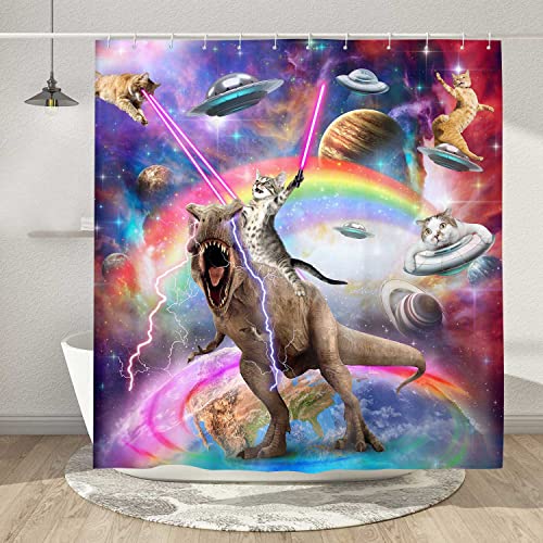 Uokiuki Funny Cat Shower Curtain Boys Kids Bathroom Decor, Cool Riding Dinosaur On Fantasy Galaxy Hilarious Curtain, Funky Outer Space Universe Anime Fabric with 12PCS Hooks, 70X70IN - Image 4