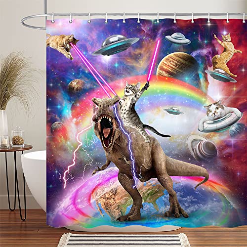 Uokiuki Funny Cat Shower Curtain Boys Kids Bathroom Decor, Cool Riding Dinosaur On Fantasy Galaxy Hilarious Curtain, Funky Outer Space Universe Anime Fabric with 12PCS Hooks, 70X70IN - Image 2