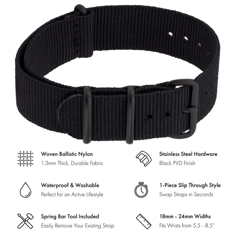 Benchmark Basics Nylon Watch Band - Waterproof Ballistic Nylon One-Piece Military Watch Straps for Men & Women (20mm, Black PVD) - Image 2