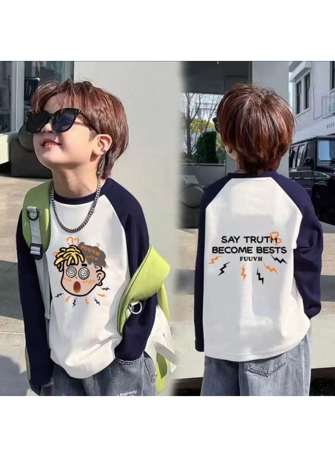 Cotton Boys' Raglan Sleeve Long Sleeve Tspring & Fall New Style Medium And Large Children's Splicing Contrasting Color Round Neck Bottoming Shirt