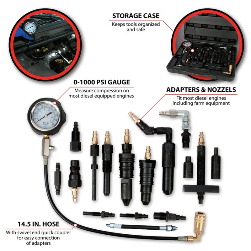 Performance Tool W89735 Diesel Compression Tester Kit for Large Cars, Trucks, Tractors, and Other Heavy-Duty Vehicles in Tough Organizer Case - Image 2