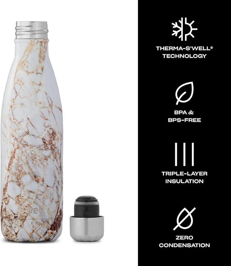 S'well Stainless Steel Water Bottle, 17oz, Calacatta Gold, Triple Layered Vacuum Insulated Containers Keeps Drinks Cold for 36 Hours and Hot for 18, BPA Free, Perfect for On the Go - Image 2