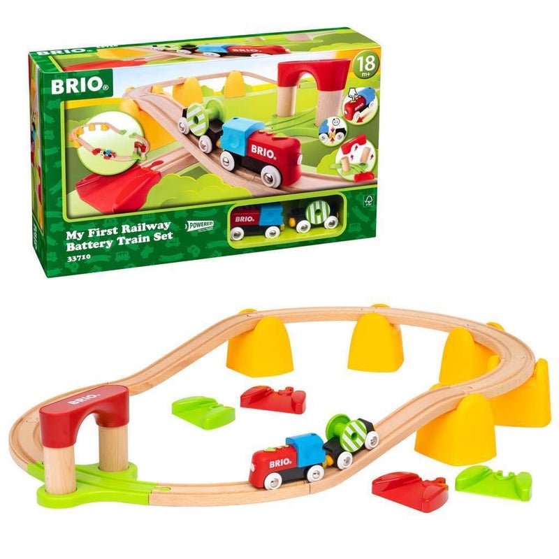 BRIO World 33710 My First Railway Battery Operated Train Set 25 Piece Wood Train Set for Toddlers Inclusive of Accessories and Wooden Tracks Certified by Forest Stewardship Council
