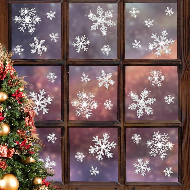 LUDILO 240Pcs Christmas Window Clings Glitter Snowflakes Window Decals Static Window Stickers for Christmas Decorations Windows Décor Ornaments Xmas Party Supplies Thanksgiving Party Décor - Image 1