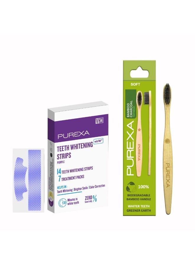 PUREXA Teeth Whitening Oral Care Combo | V34 Teeth Whitening Strips 7 strips  with Bamboo Toothbrush | Enamel-Safe Whitening & Daily Cleaning Support - Image 1