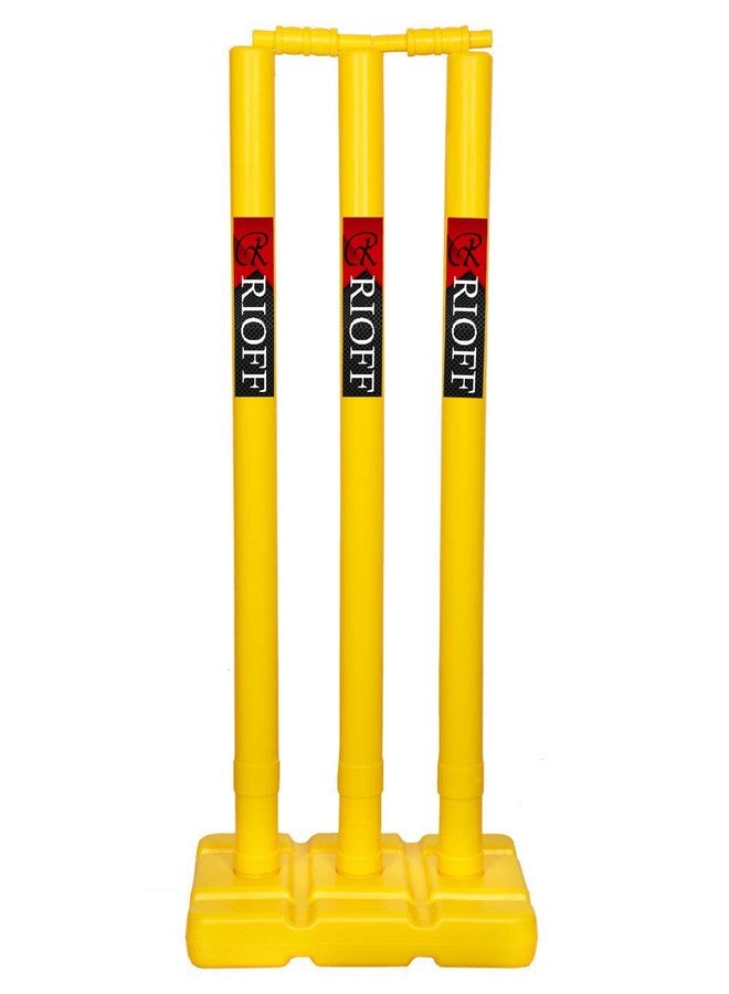 Rioff® Heavy Plastic Cricket Stumps Set - 3 Stumps + 2 Bails + 1 Stand (Yellow)(Plastic Wicket Set) - Image 1