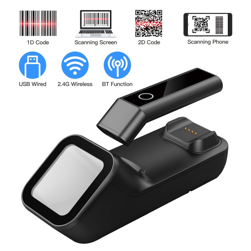 Barcode Scanner Black 3-In-1 Transmission 1D 2D QR Barcode Scanner - Fast High-Accuracy Scanning Wireless Barcode Scanner for Supermarket Retail Warehouse Library Logistics - Image 1