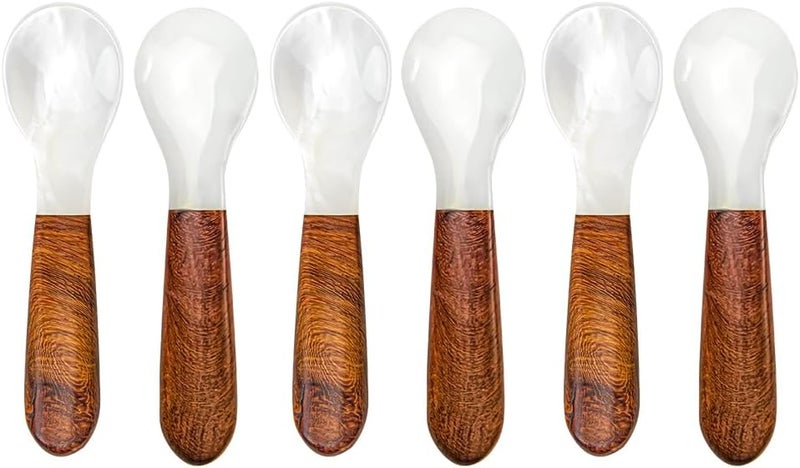 DUEBEL Set of 6 Caviar Spoons with Wooden Handle, 12cm Mother of Pearl Spoons for Caviar Serving, Egg Serving, Catering Deroration - Image 1