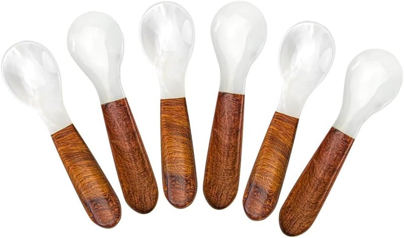 DUEBEL Set of 6 Caviar Spoons with Wooden Handle, 12cm Mother of Pearl Spoons for Caviar Serving, Egg Serving, Catering Deroration - Image 2