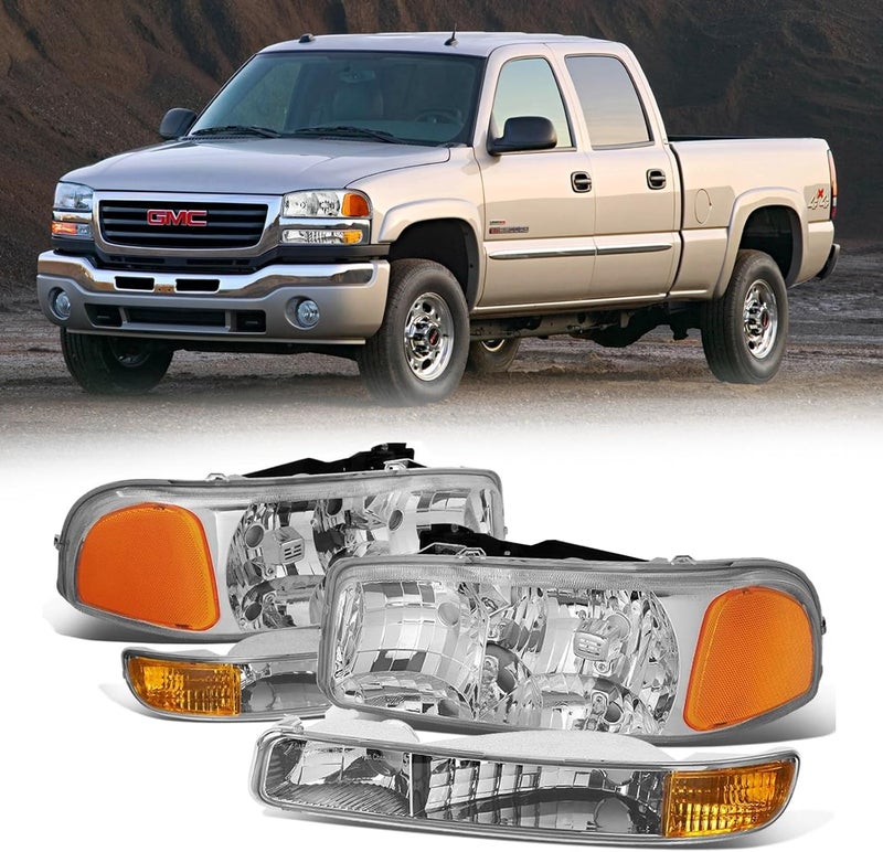 Cxdar مجموعة مصابيح أمامية Cxdar لسيارات GMC Sierra من 1999-2007 و Yukon من 1999-2006 - هيكل كروم، 4 قطع - Image 1