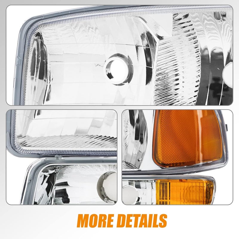 Cxdar مجموعة مصابيح أمامية Cxdar لسيارات GMC Sierra من 1999-2007 و Yukon من 1999-2006 - هيكل كروم، 4 قطع - Image 4
