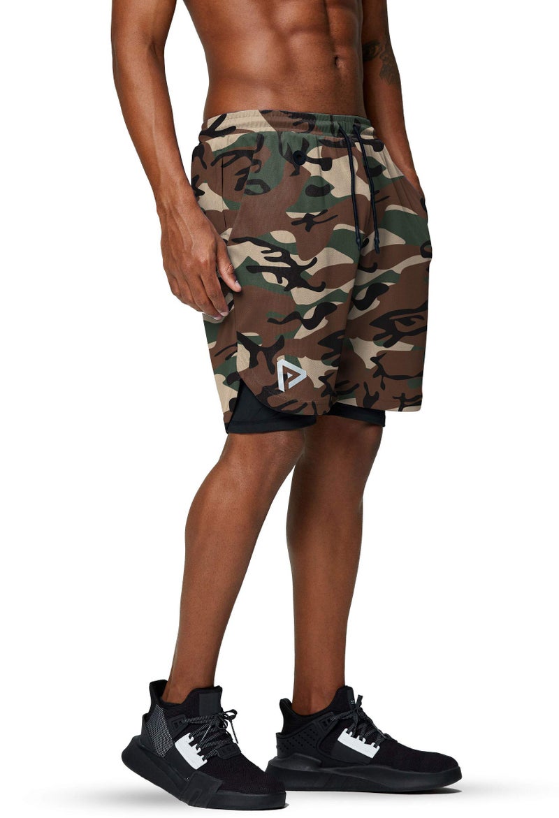 Pinkbomb Men's 2 in 1 Running Shorts Gym Workout Quick Dry Mens Shorts with Phone Pocket (Green Camo, X-Large) - Image 4