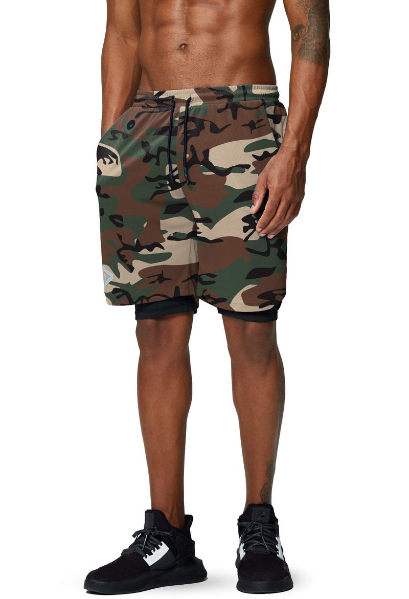 Pinkbomb Men's 2 in 1 Running Shorts Gym Workout Quick Dry Mens Shorts with Phone Pocket (Green Camo, X-Large) - Image 3