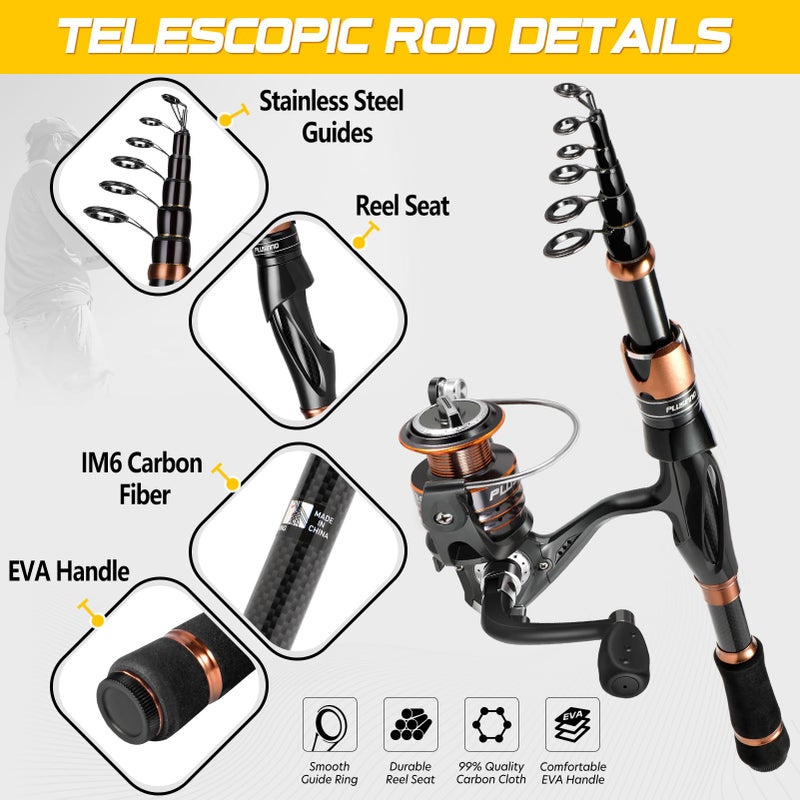 PLUSINNO Fishing Rod and Reel Combos, Bronze Warrior Toray 24-Ton Carbon Matrix Telescopic Fishing Rod Pole, 12 +1 Shielded Bearings Stainless Steel BB Spinning Reel, Travel Freshwater Fishing Gear - Image 3