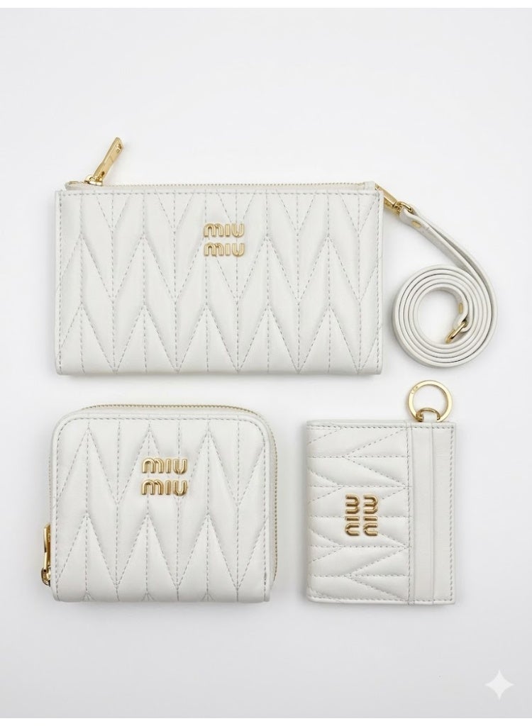 Miu Miu Style 3-Piece Matelassé Set - Quilted Nappa Leather Wristlet, Zip-Around Wallet, and Keychain Card Holder - White - Image 1