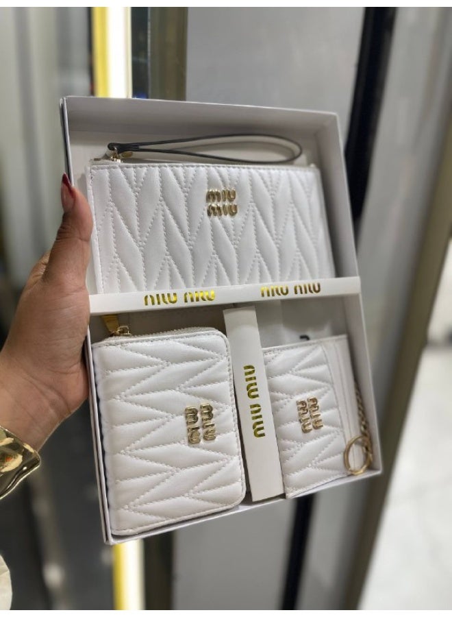 Miu Miu Style 3-Piece Matelassé Set - Quilted Nappa Leather Wristlet, Zip-Around Wallet, and Keychain Card Holder - White - Image 2