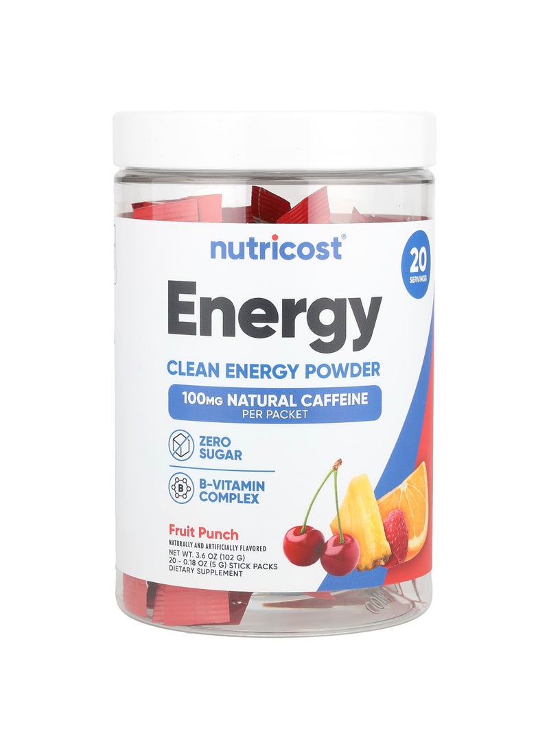 Nutricost Energy, Clean Energy Powder, Fruit Punch, 20 Stick Packs, 0.18 oz (5 g) Each