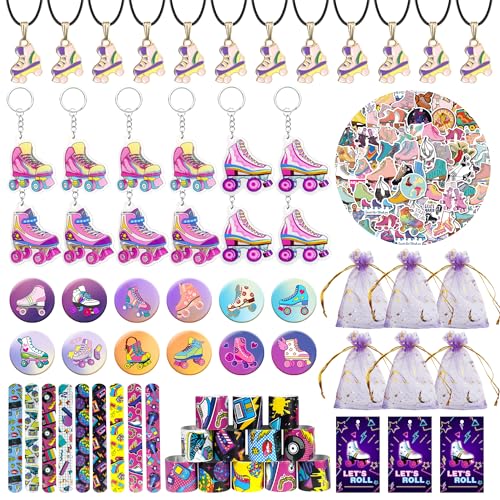 Tazimi 122 PCS Roller Skate Party Favors Skating Party Supplies with Key Chains Button Pins Stickers Rubber Bracelets for Hip Hop Disco 80s 90s Themed Party (style 2) - Image 1