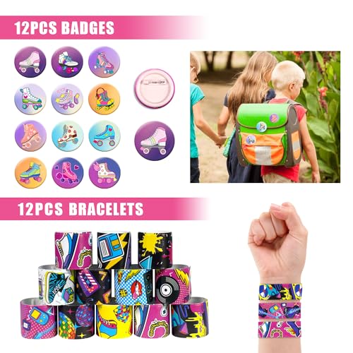 Tazimi 122 PCS Roller Skate Party Favors Skating Party Supplies with Key Chains Button Pins Stickers Rubber Bracelets for Hip Hop Disco 80s 90s Themed Party (style 2) - Image 4
