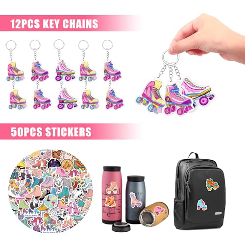 Tazimi 122 PCS Roller Skate Party Favors Skating Party Supplies with Key Chains Button Pins Stickers Rubber Bracelets for Hip Hop Disco 80s 90s Themed Party (style 2) - Image 3