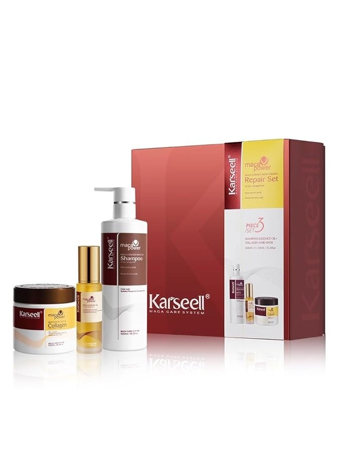 Karseell - Karseell Maca Essence Moisturizing Repair Set, Collagen Hair Mask 500ml, Shampoo 500ml & Maca Essence Oil 50ml - Image 1
